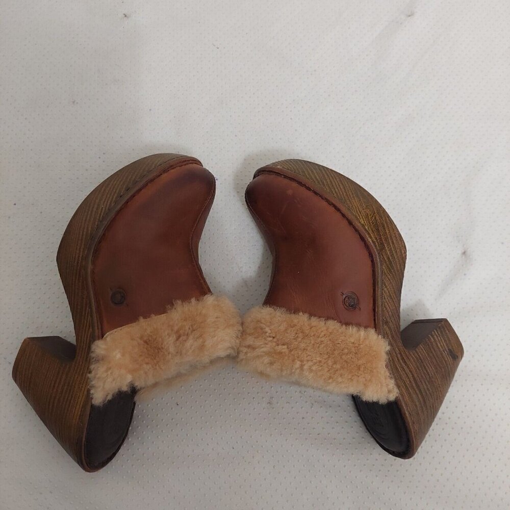 Born Y2K 90’s Brown Leather Shearling‎ Trim Mules Heels Chunky Platform Size 7M - Picture 5 of 10
